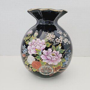 Vintage Black Ceramic Gold Trim Enameled Floral Wagon Design Vase Ruffled Japan